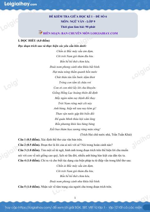 Đề thi giữa kì 1 Văn 9 - Đề số 6